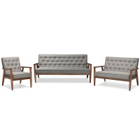 Baxton Studio BBT8013-Grey 3PC Set Sorrento Mid-century Retro Grey Fabric Wooden 3 Piece Living room Set